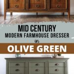 dark mid century modern dresser before and after painting it olive green with cup pulls
