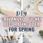 Collage showing a DIY project: twine-wrapped carrots and a galvanized bucket decorated for spring.