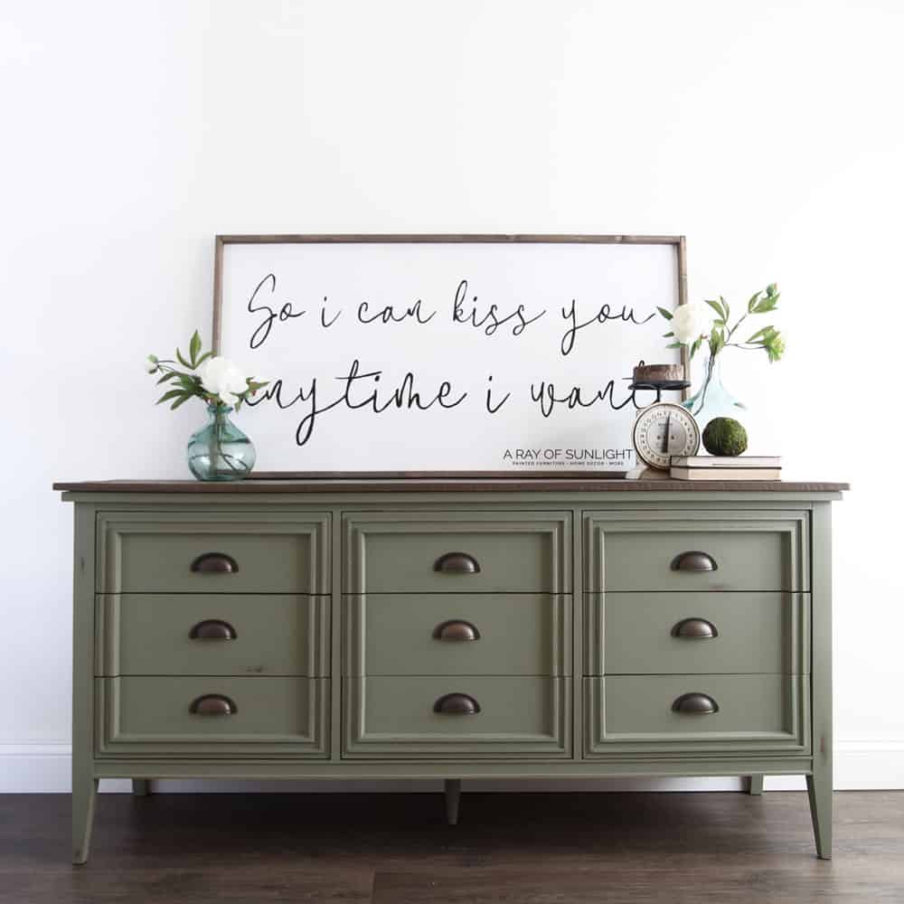 green painted dresser with DIY wood plank top