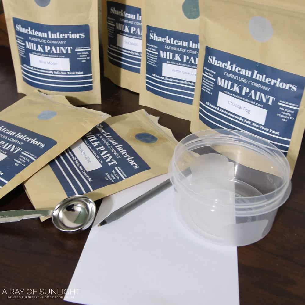 milk paint pouches and supplies for mixing milk paint colors