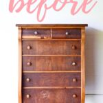 A worn, vintage wooden dresser with six drawers and “before” in large pink script above it.