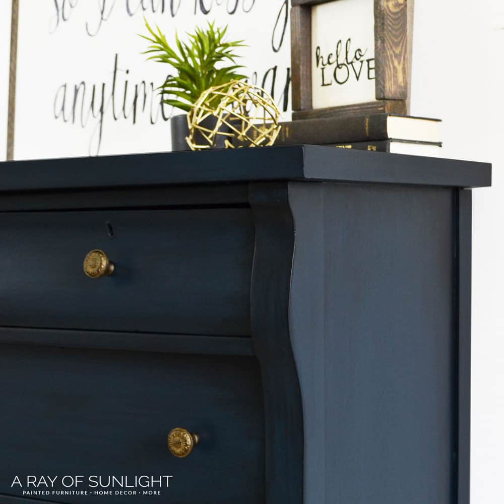 Close view of Blue Painted Dresser with dark glaze