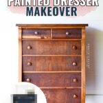 A brown wooden dresser with a before inset and text: Dreamy Blue Painted Dresser Makeover.