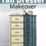 A tall dresser half painted teal blue, showing a before and after makeover transformation.