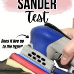 Hand holding a SurfPrep sander on wood, with text: Does it live up to the hype? SurfPrep Sander Test.