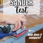 A person using a SurfPrep sander on a wooden table with text reading SurfPrep Sander Test. How does it compare?.