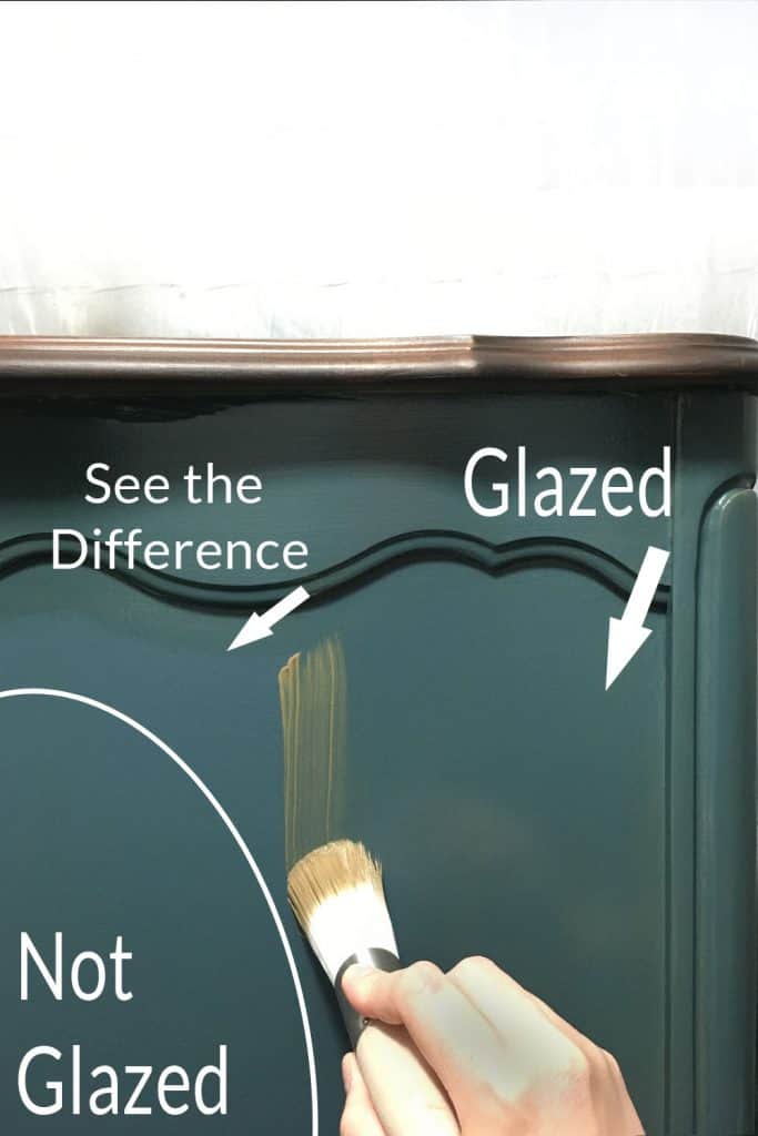 difference of painted dresser with and without brushing antiquing glaze