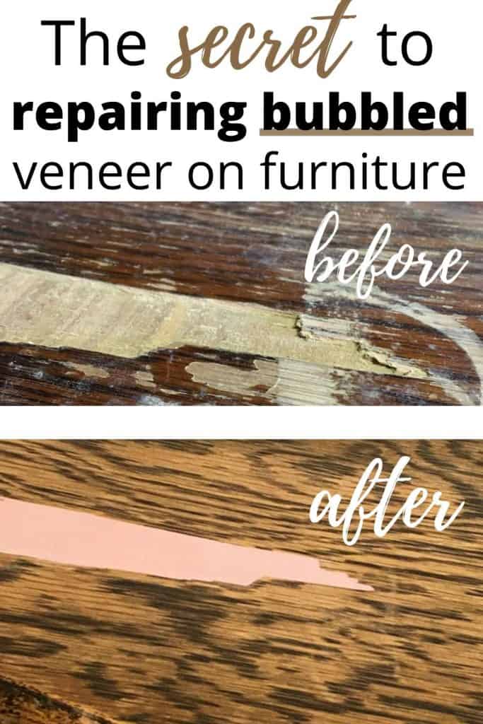 before and after of repairing bubbled veneer on furniture