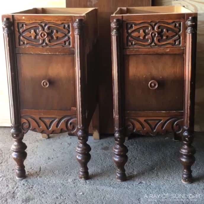 a desk cut in half and separated into two nightstands