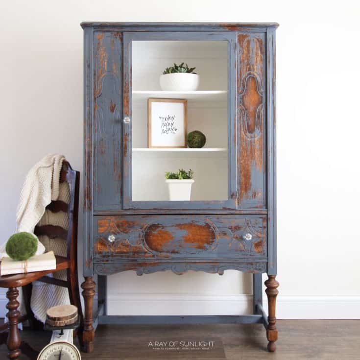 chippy blue painted china cabinet makeover