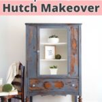 Distressed blue painted hutch with shelves, decor, and bold text reading Chippy Blue Painted Hutch Makeover.