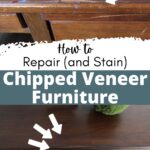 Before and after of a desk showing chipped and then repaired veneer with text about fixing chipped veneer furniture.