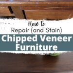A wooden dresser with chipped veneer and blue stains, shown before and after repair and staining.