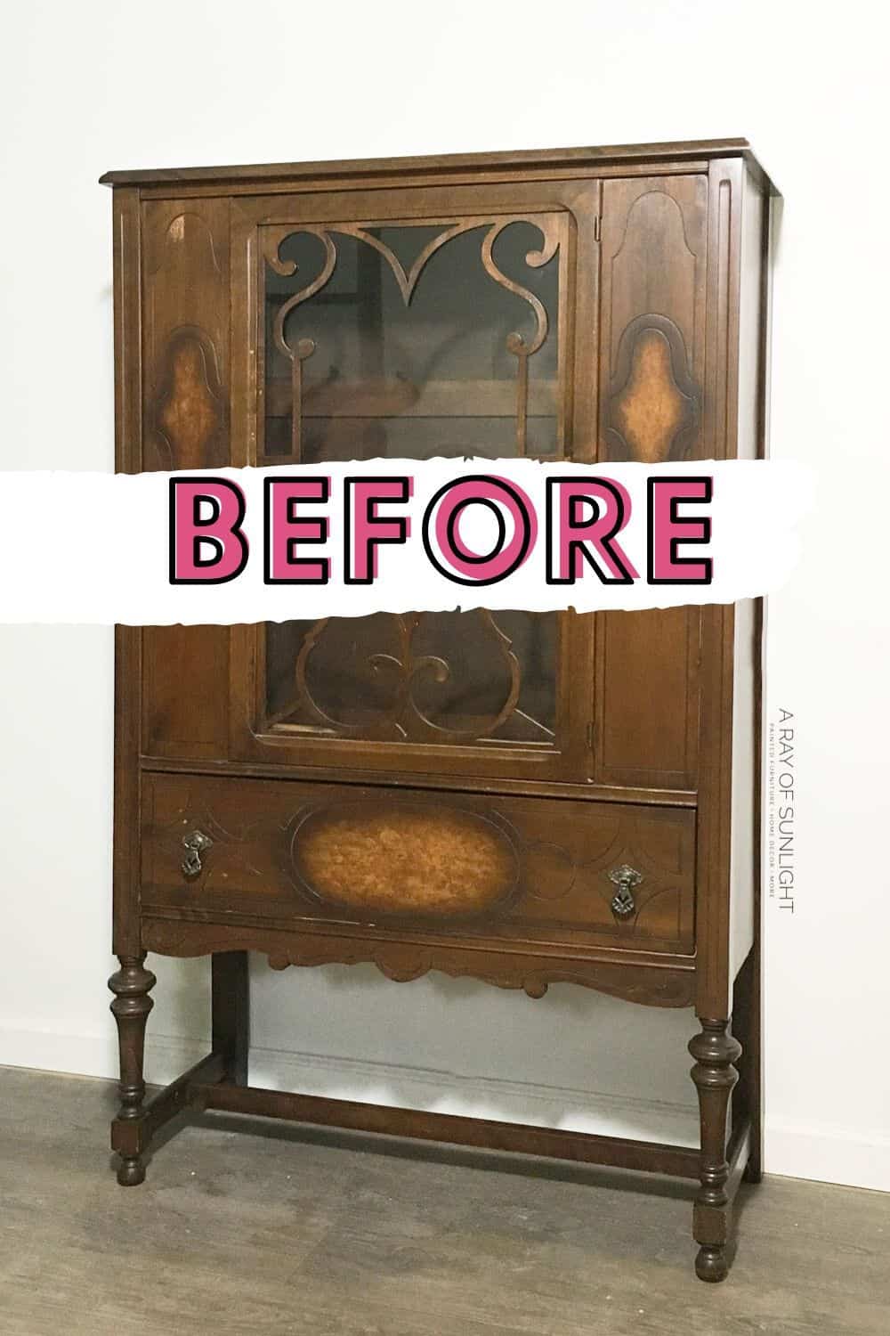 vintage china hutch before makeover
