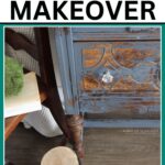 bottom of a distressed painted hutch with a chair beside it