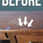 Damaged wooden desk with scratches and paint stains, labeled BEFORE with arrows pointing to damage.