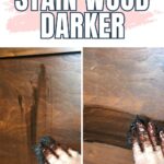 Gloved hand applying dark wood stain; left side blotchy, right side smooth and even finish.