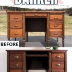Two side-by-side images of a desk, labeled before and after being stained a darker color.
