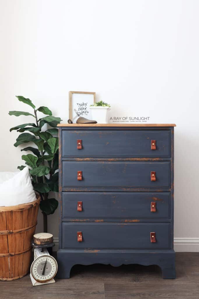 Chippy navy blue milk painted dresser with DIY leather pulls