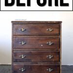 A worn, dark wood four-drawer dresser labeled BEFORE at the top in large black letters.