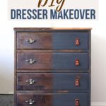 A wooden dresser is half refinished from worn brown to navy blue paint, showing a before and after makeover.