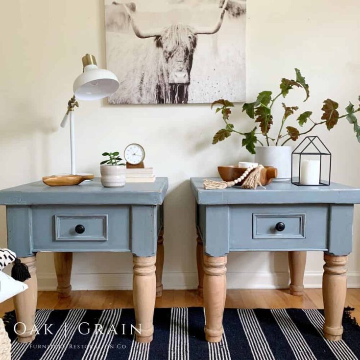 gray-blue painted nightstands with bleached wood legs