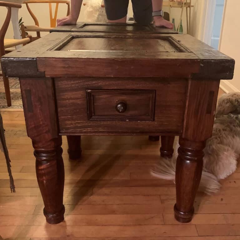 pair of nightstands before stripping and bleaching wood