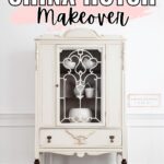 Cream-colored antique china hutch with ornate details, displayed against a white wall, text above reads makeover.