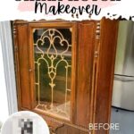 Antique wooden china hutch with glass doors labeled “before” for a makeover project.