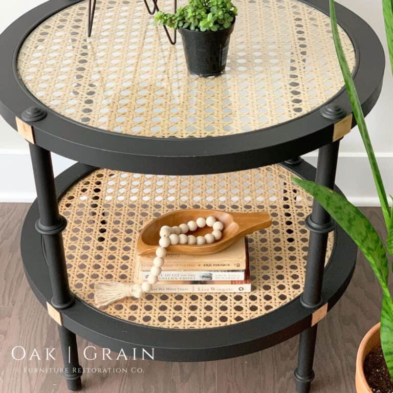 black end table with natural rattan