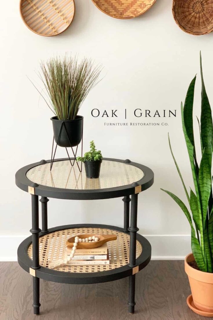 rattan end table painted with black spray paint