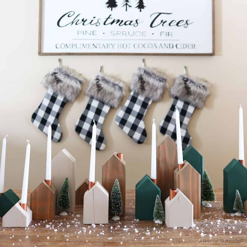 wooden christmas village candle holders