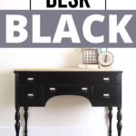 A black-painted desk with drawers, books, and a clock, with the text Painting a Desk Black above.
