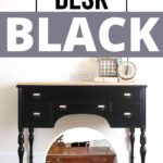 A wooden desk painted black with before and after images showing its transformation.