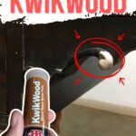 Hand holding KwikWood epoxy; repaired chipped wood on furniture highlighted with red arrows and a circle.