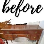 A wooden vintage sideboard with drawers and turned legs, labeled before in bold script at the top.