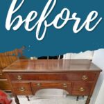 A wooden vintage desk with drawers, labeled before on a blue background at the top.