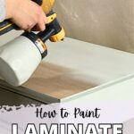 Person using a paint sprayer to paint a piece of laminate furniture, text reads: How to Paint Laminate Furniture.