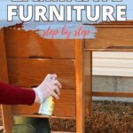 A person sprays paint on a wooden desk; text reads How to Paint Laminate Furniture step by step.