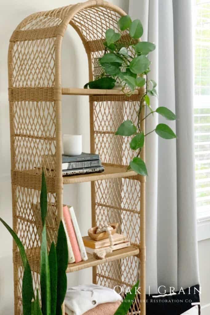 repaired and painted rattan shelf