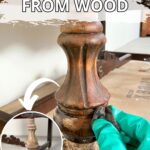 A gloved hand cleans a stained wooden furniture leg; inset shows the leg before cleaning.