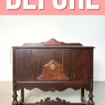 A vintage wooden sideboard against a white wall with the word BEFORE in large text above it.