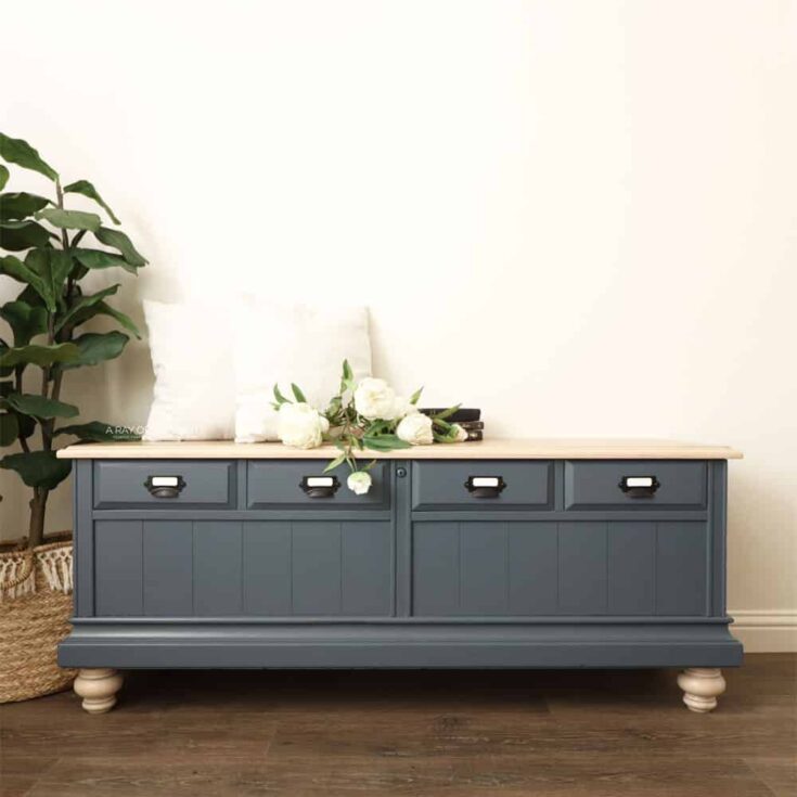 blue painted cedar chest with whitewashed wood top and legs