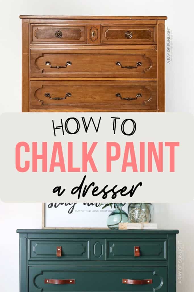 before and after of a green painted dresser