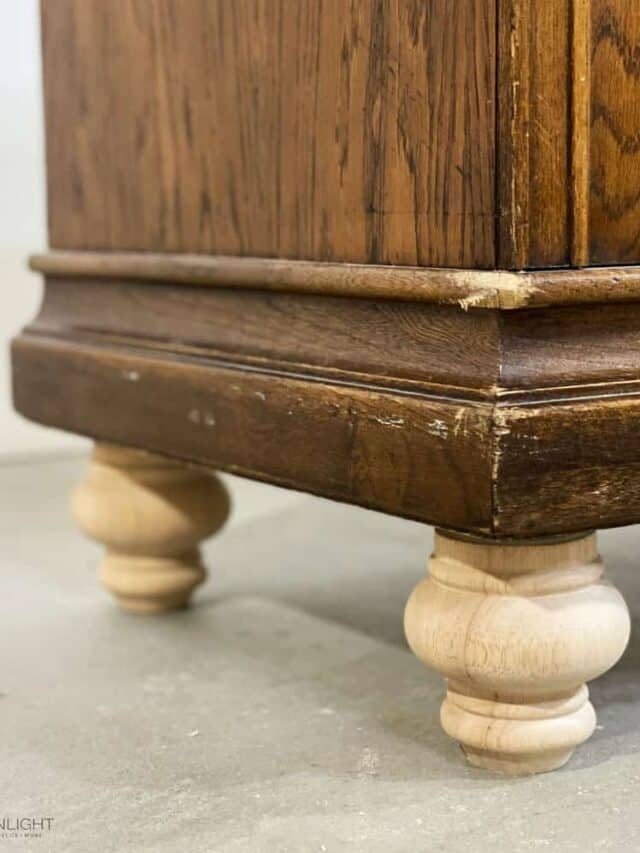 close up of newly added furniture legs to a cedar chest