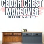 Split image of a cedar chest before and after a DIY makeover; left side is wood, right side is painted blue.