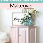 Bright pink painted hallway cabinet makeover with fresh floral decor and inspirational wall art.