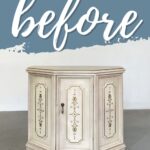 A vintage cream cabinet with gold details stands below the word before on a blue background.