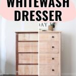 Split image of a dresser showing a dark, worn “before” side and a lighter, whitewashed “after” side.