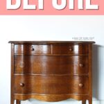 Vintage wooden dresser with curved drawers labeled BEFORE on a pink background at the top.